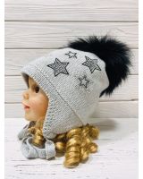 Зимова шапка для дівчинки з натуральним помпоном Barbaras WO 71/JC сірого кольору