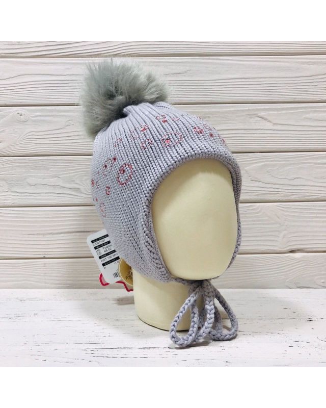 Детская зимняя шапка Польша TuTu 3-001191 lt.grey на завязках, для девочки, серый цвет